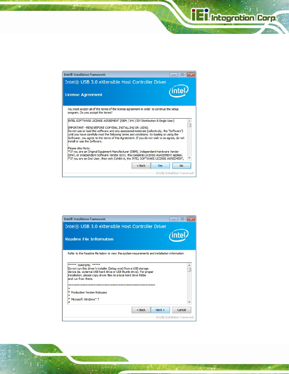 Figure 6-21: usb 3.0 driver license agreement, Figure 6-22: usb 3.0 driver read me file | IEI Integration KINO-DQM871 User Manual | Page 151 / 213