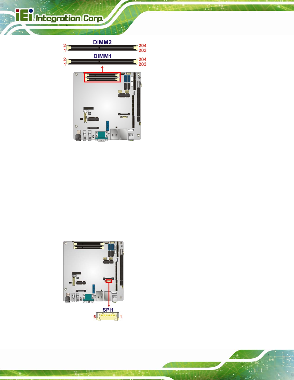 25 spi flash connector, Figure 3-25: so-dimm connector locations, Figure 3-26: spi flash connector location | IEI Integration KINO-DQM871 User Manual | Page 60 / 213