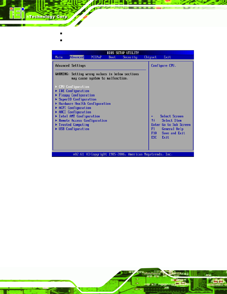 1 cpu configuration, Menu 2: advanced, Bios menu 2 | IEI Integration IMB-Q354 v1.00 User Manual | Page 136 / 286