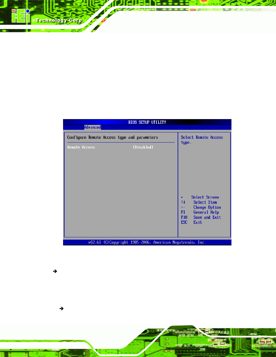 9 remote access configuration, Menu 14: remote access configuration [advanced | IEI Integration IMB-Q354 v1.00 User Manual | Page 158 / 286