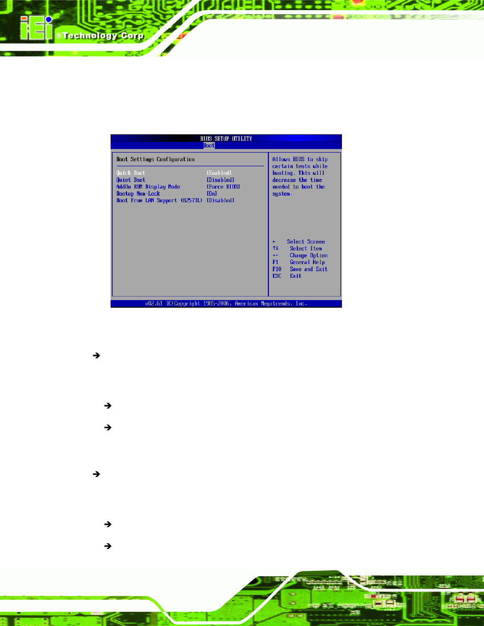 1 boot settings configuration, Menu 20: boot settings configuration, Section 6.5.1 | Boot settings configuration | IEI Integration IMB-Q354 v1.00 User Manual | Page 168 / 286