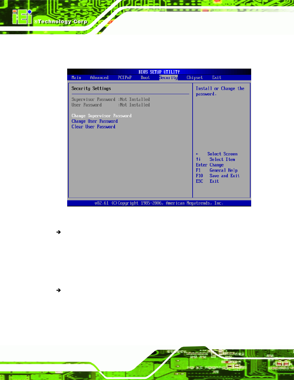6 security, Ecurity, Menu 23: security | IEI Integration IMB-Q354 v1.00 User Manual | Page 172 / 286