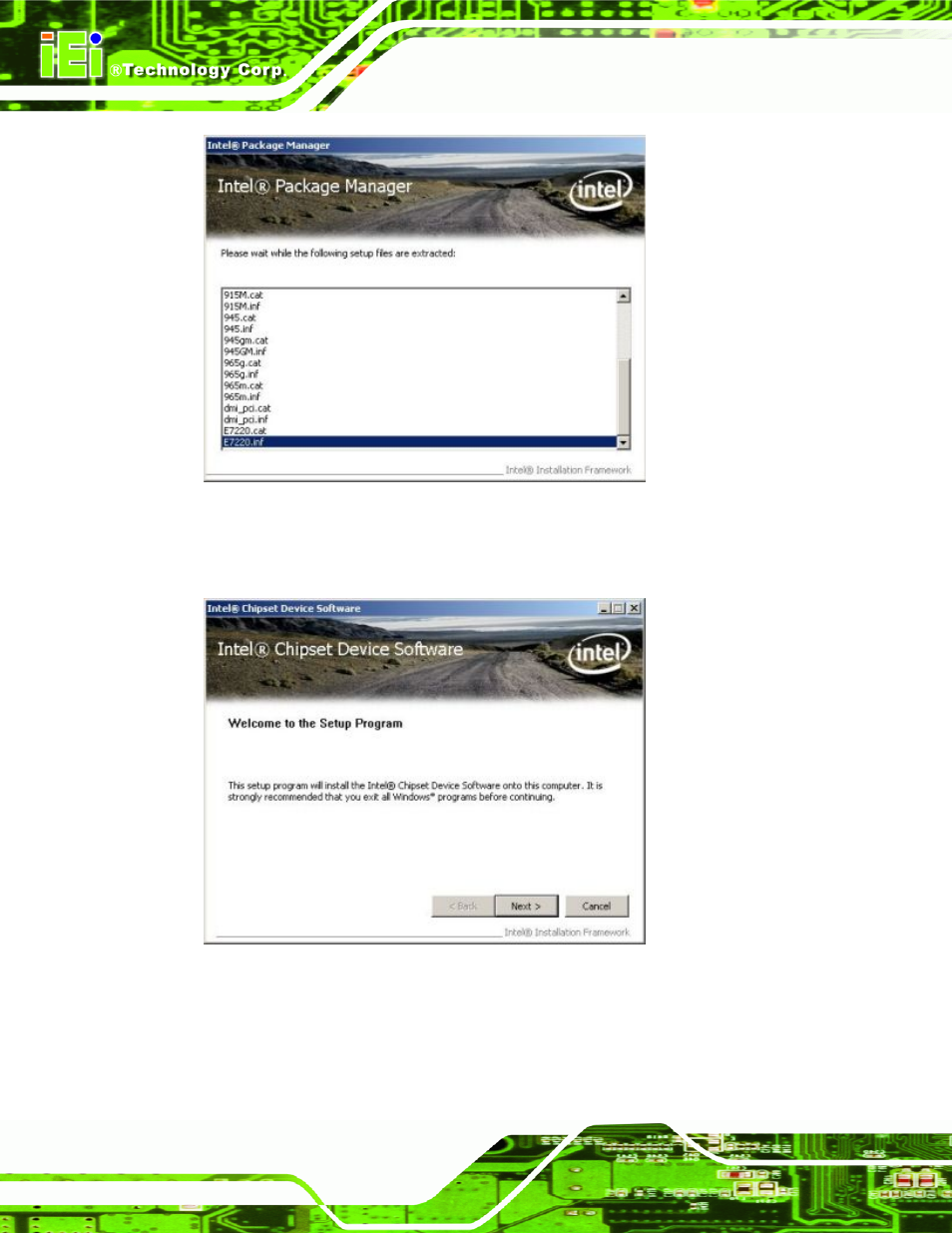 Figure 7-5: intel® package manager, Figure 7-6: intel® setup welcome screen | IEI Integration IMB-Q354 v1.00 User Manual | Page 186 / 286