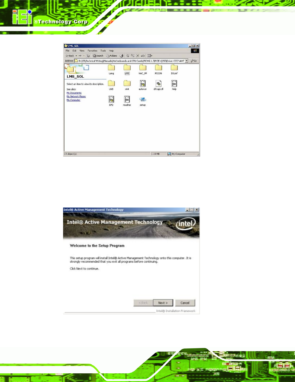 Figure 7-62: iamt driver installation icon, Figure 7-63: iamt welcome screen | IEI Integration IMB-Q354 v1.00 User Manual | Page 222 / 286