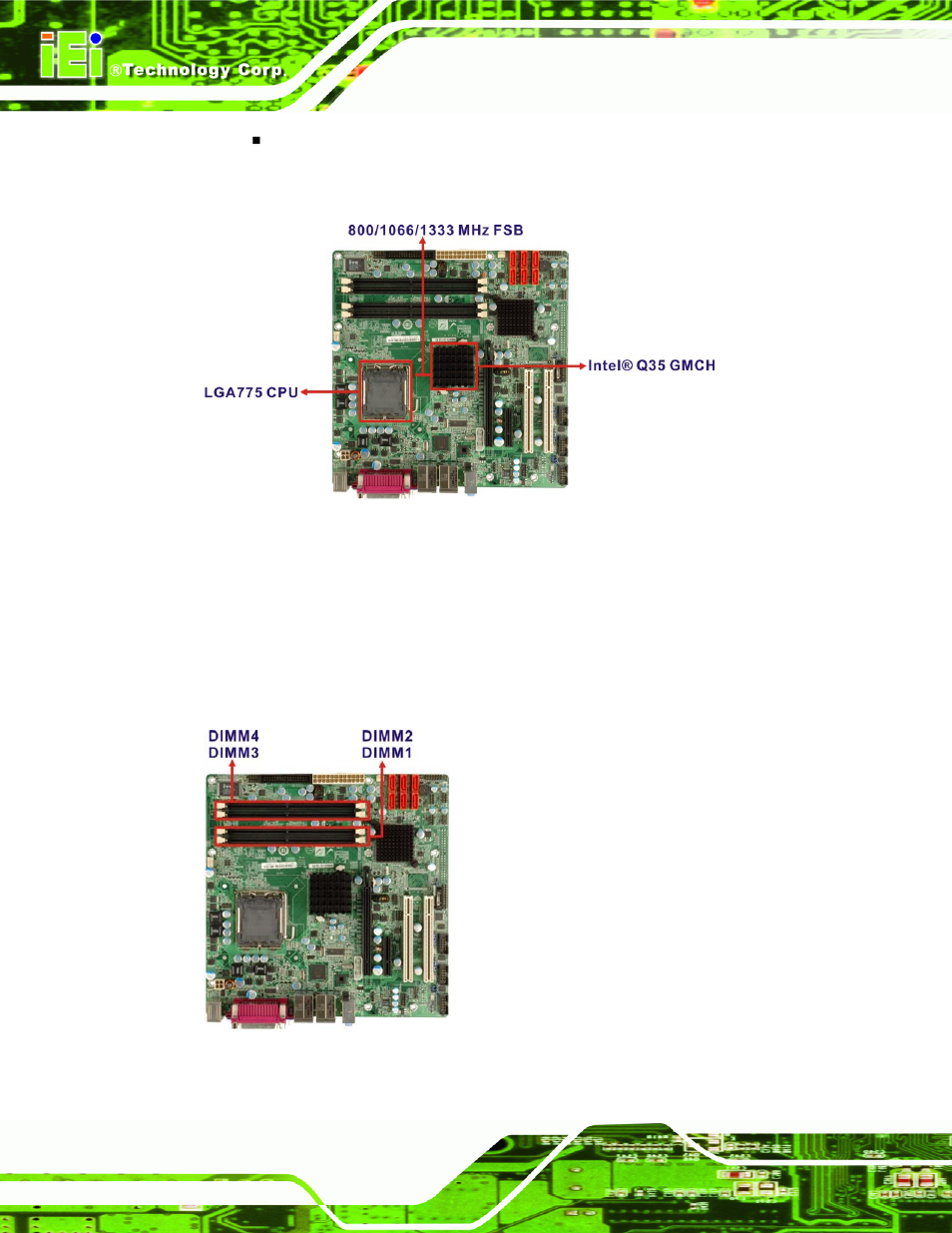 3 intel® q35 memory controller, Figure 2-4: front side bus (fsb), Figure 2-5: ddr2 dimm sockets | IEI Integration IMB-Q354 v1.00 User Manual | Page 38 / 286