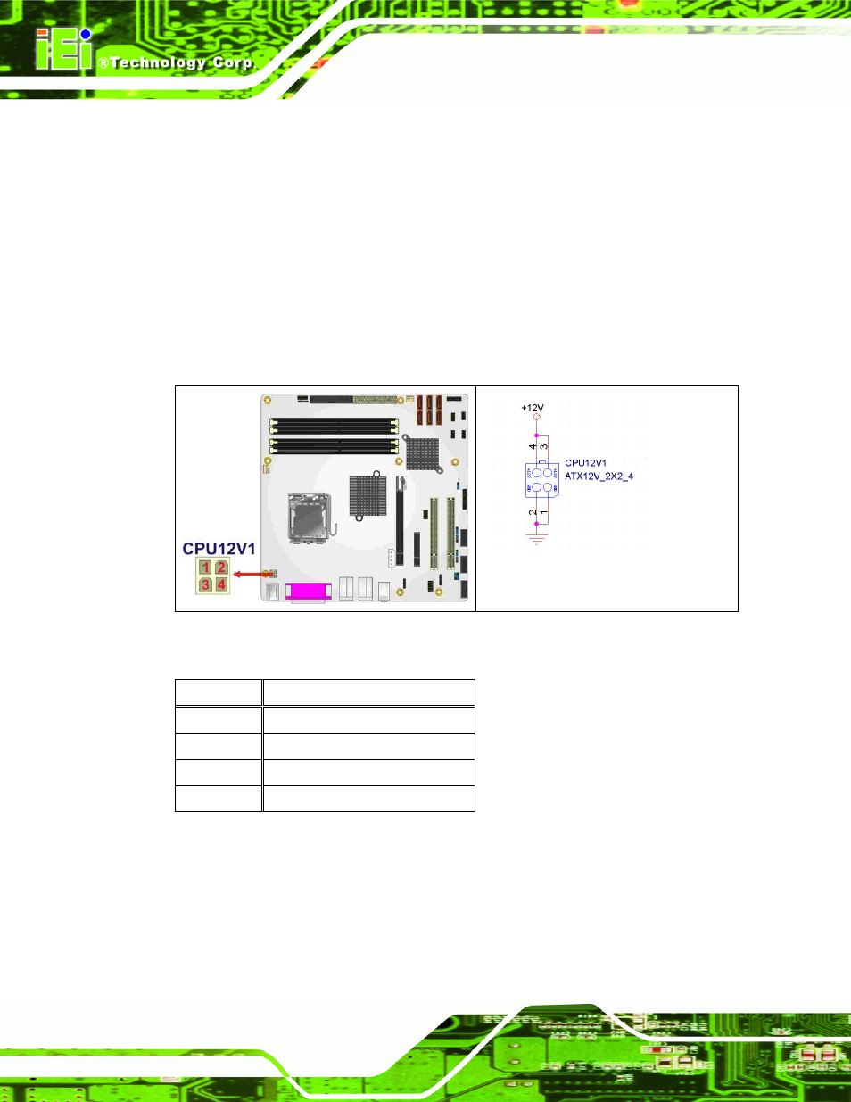 3 cpu power connector, 4 digital input/output (dio) connector, Figure 4-4: cpu power connector location | Table 4-6: cpu power connector pinouts | IEI Integration IMB-Q354 v1.00 User Manual | Page 76 / 286