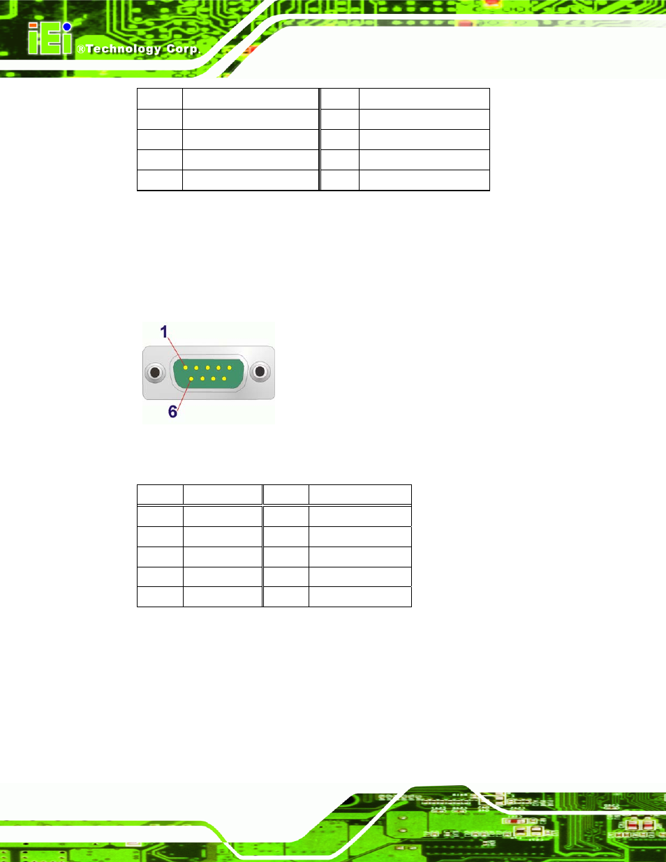 Figure 4-23: com1 pinout locations, Table 4-23: parallel port connector pinouts, Table 4-24: rs-232 serial port (com 1) pinouts | Table 4-23, Table 4-24 and | IEI Integration IMB-Q354 v1.00 User Manual | Page 96 / 286