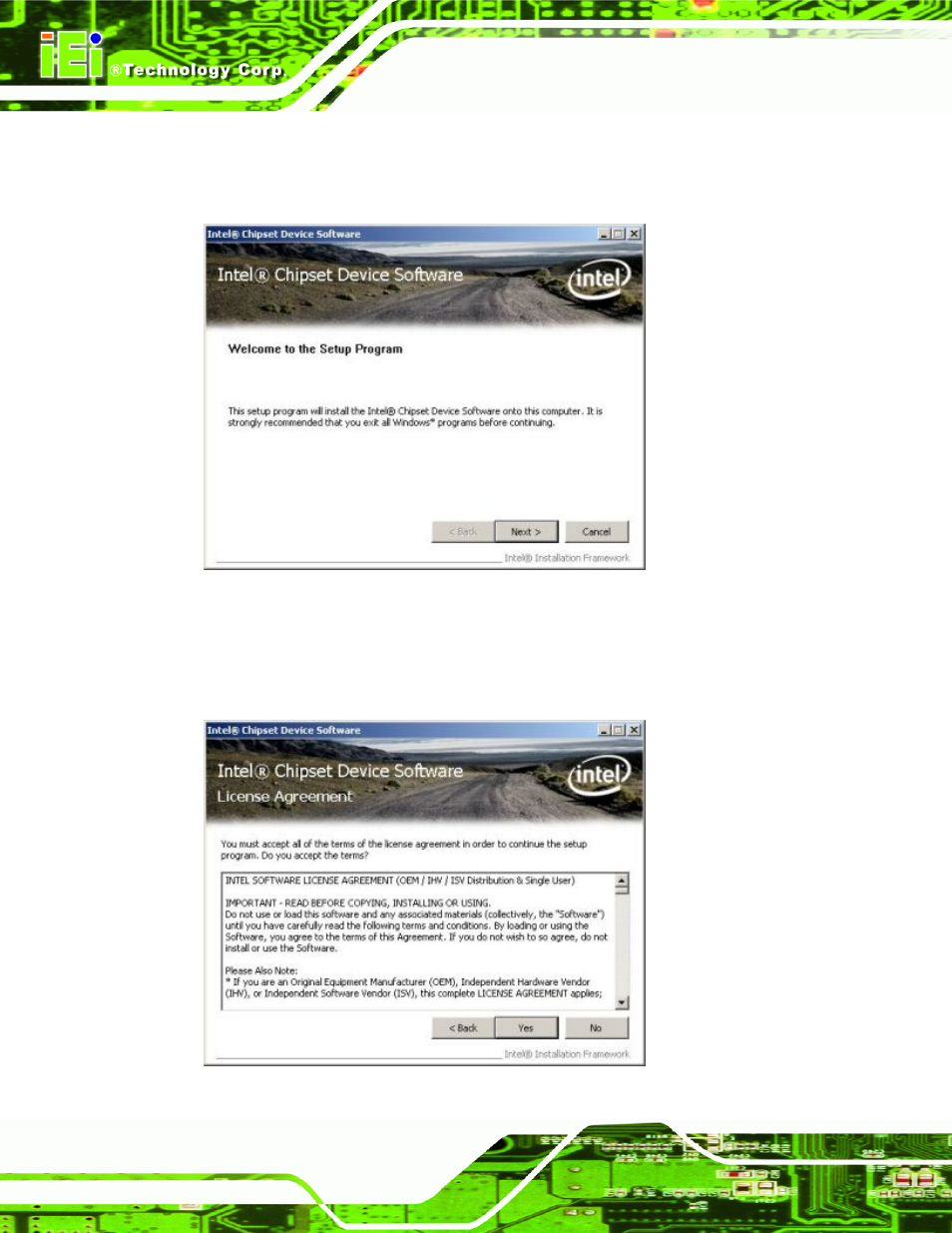 Figure 6-5: intel® package manager, Figure 6-6: intel® setup welcome screen | IEI Integration IMB-Q354 v1.10 User Manual | Page 136 / 216