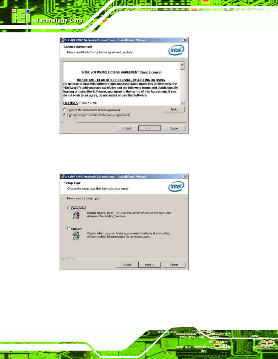 Figure 6-39: license agreement, Figure 6-40: setup type | IEI Integration IMB-Q354 v1.10 User Manual | Page 156 / 216