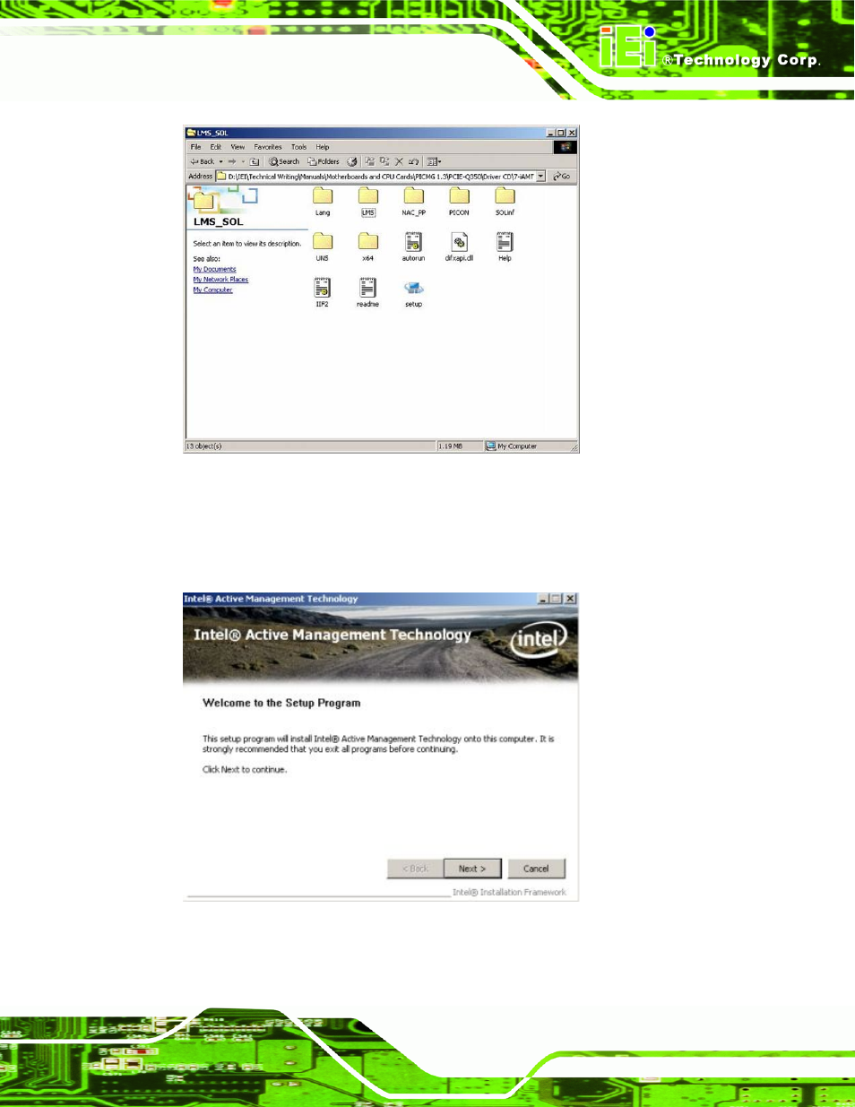 Figure 6-58: iamt driver installation icon, Figure 6-59: iamt welcome screen | IEI Integration IMB-Q354 v1.10 User Manual | Page 167 / 216