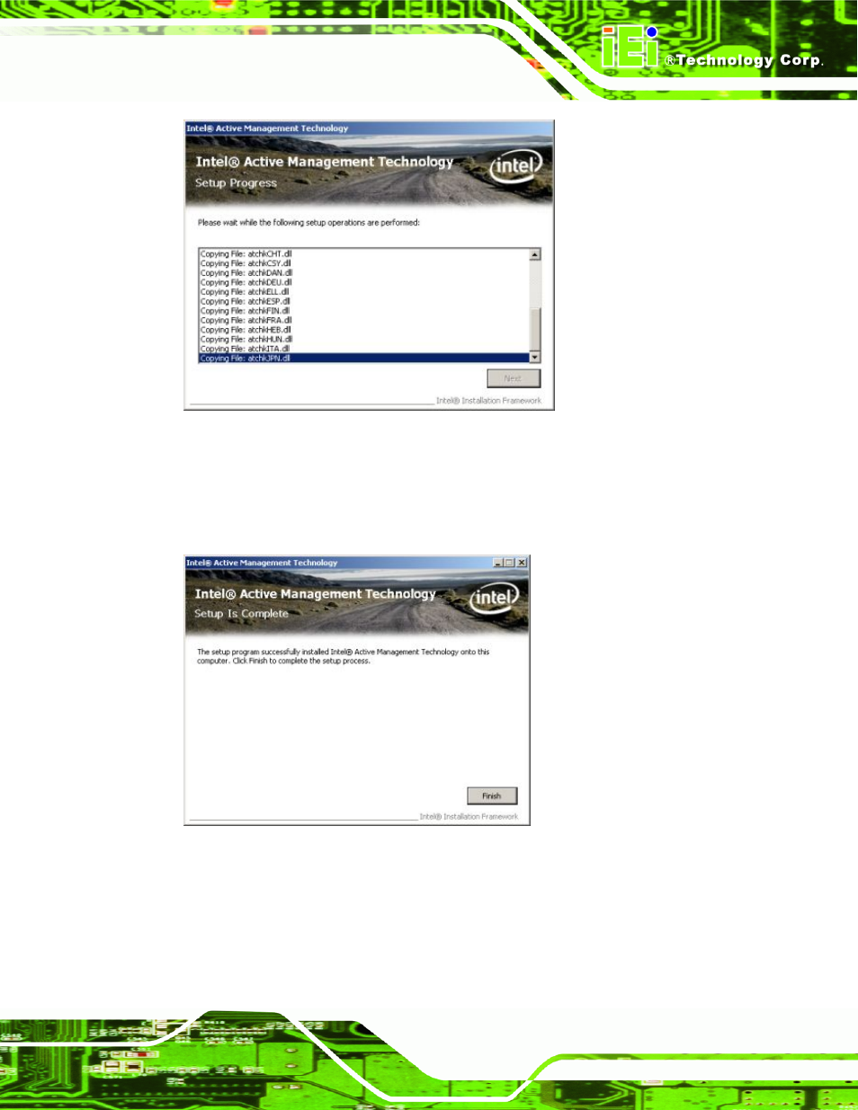 Figure 6-62: iamt setup operations, Figure 6-63: completed installation | IEI Integration IMB-Q354 v1.10 User Manual | Page 169 / 216