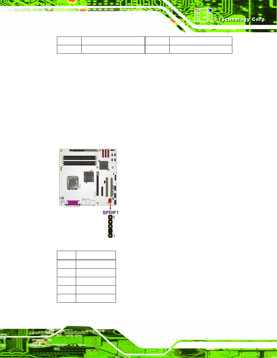 13 spdif connector, Figure 3-14: spdif connector location, Table 3-14: serial connector pinouts | Table 3-15: spdif connector pinouts | IEI Integration IMB-Q354 v1.10 User Manual | Page 45 / 216