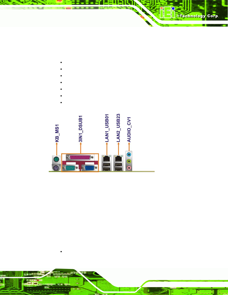 3 external peripheral interface connector panel, 1 audio connectors, Xternal | Eripheral, Nterface, Onnector, Anel | IEI Integration IMB-Q354 v1.10 User Manual | Page 49 / 216