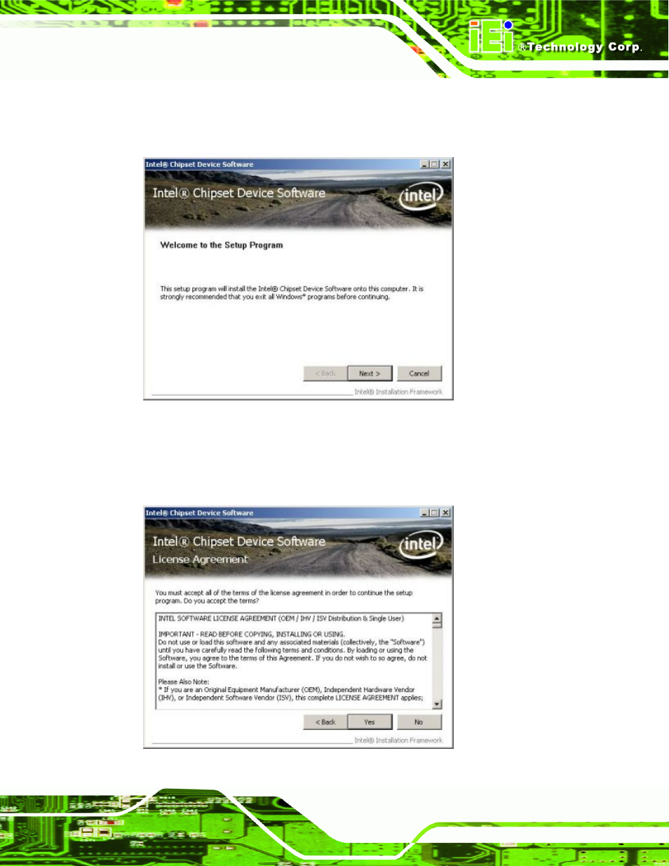 Figure 6-5: intel® package manager, Figure 6-6: intel® setup welcome screen | IEI Integration IMB-Q354 v1.20 User Manual | Page 131 / 190