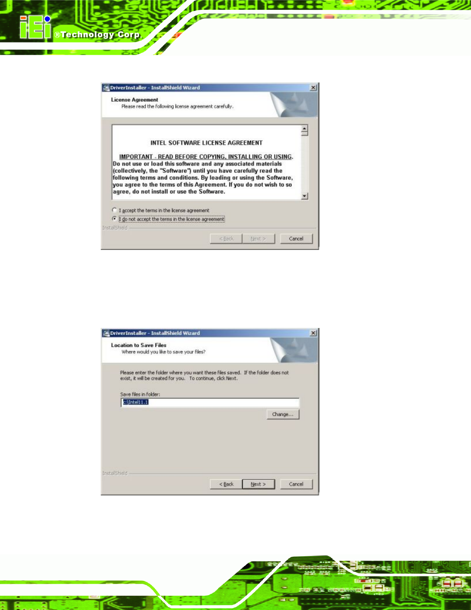 Figure 6-24: intel® 82573 license agreement, Figure 6-25: intel® 82573 file location select | IEI Integration IMB-Q354 v1.20 User Manual | Page 142 / 190
