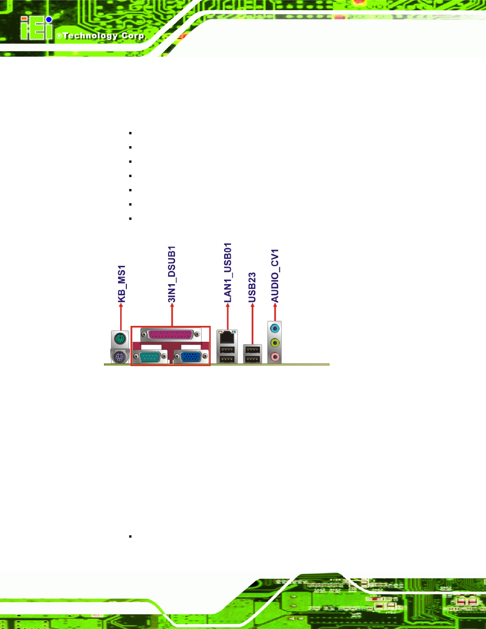 3 external peripheral interface connector panel, 1 audio connectors, Xternal | Eripheral, Nterface, Onnector, Anel | IEI Integration IMB-Q354 v1.20 User Manual | Page 48 / 190