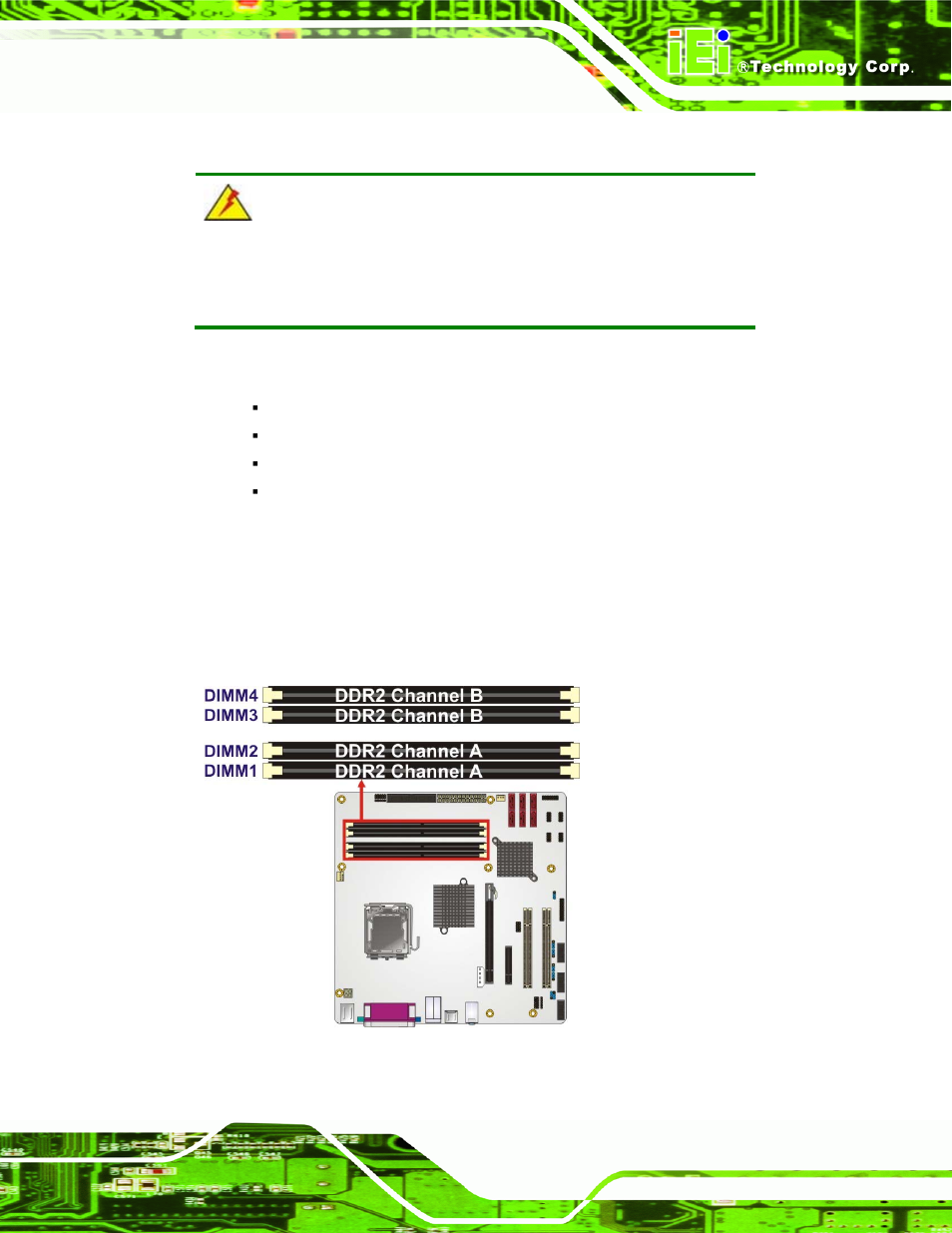 1 dimm purchasing guidelines, 2 dimm installation order, Figure 4-7: ddr2 channels | IEI Integration IMB-Q354 v1.20 User Manual | Page 65 / 190