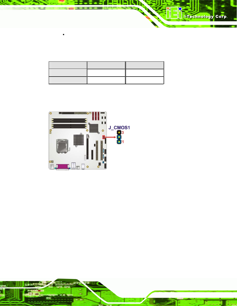 2 com port pin 9 setting jumpers, Figure 4-9: clear cmos jumper, Table 4-2: clear cmos jumper settings | IEI Integration IMB-Q354 v1.20 User Manual | Page 69 / 190