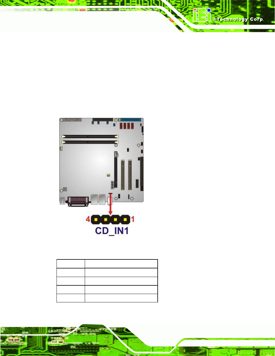 2 cd-in connector, Figure 3-3: audio cd in connector pinouts (4-pin), Table 3-4: audio cd in connector pinouts | IEI Integration IMB-G41A User Manual | Page 31 / 151