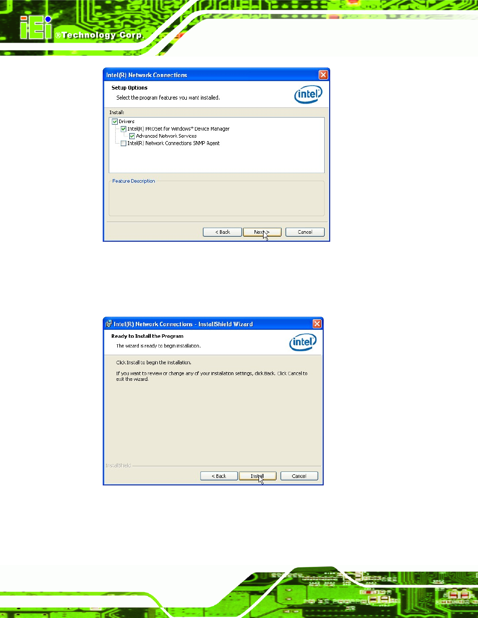 Figure 6-16: lan driver setup options, Figure 6-17: lan driver installation | IEI Integration IMB-C2060 v1.03 User Manual | Page 142 / 179