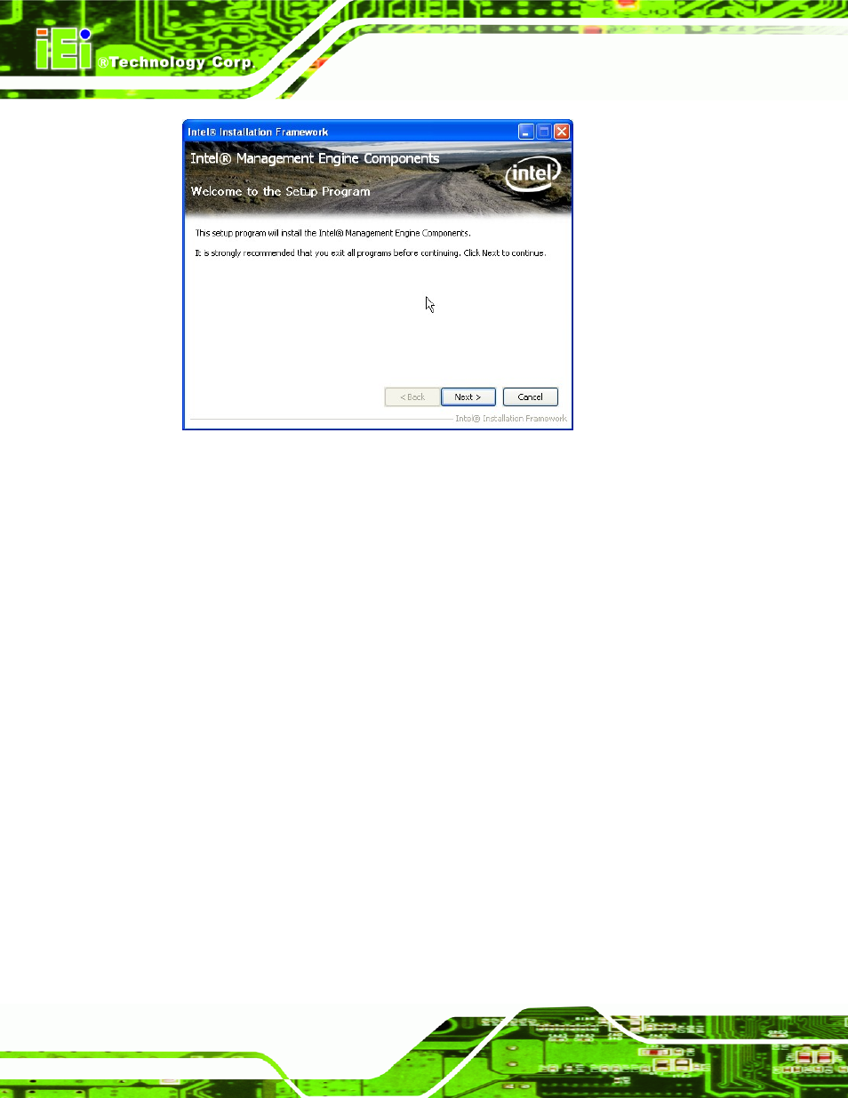 Figure 6-28: intel® me driver welcome screen | IEI Integration IMB-C2060 v1.03 User Manual | Page 150 / 179
