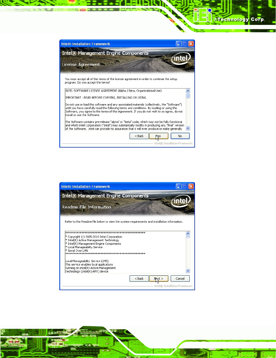 Figure 6-29: intel® me driver license agreement, Figure 6-30: intel® me driver read me file | IEI Integration IMB-C2060 v1.03 User Manual | Page 151 / 179