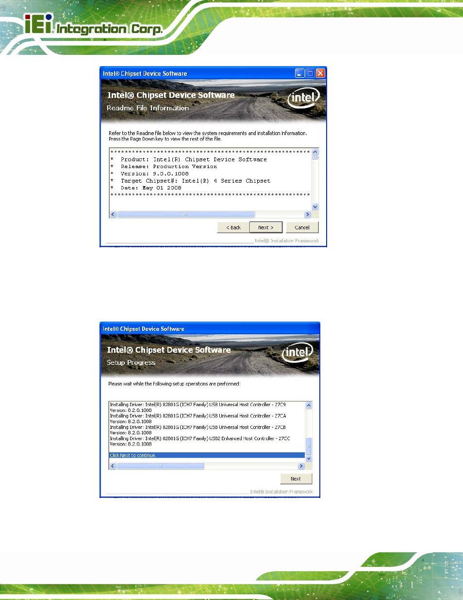 Figure 6-6: chipset driver read me file, Figure 6-7: chipset driver setup operations | IEI Integration IMB-C2060 v2.00 User Manual | Page 136 / 183