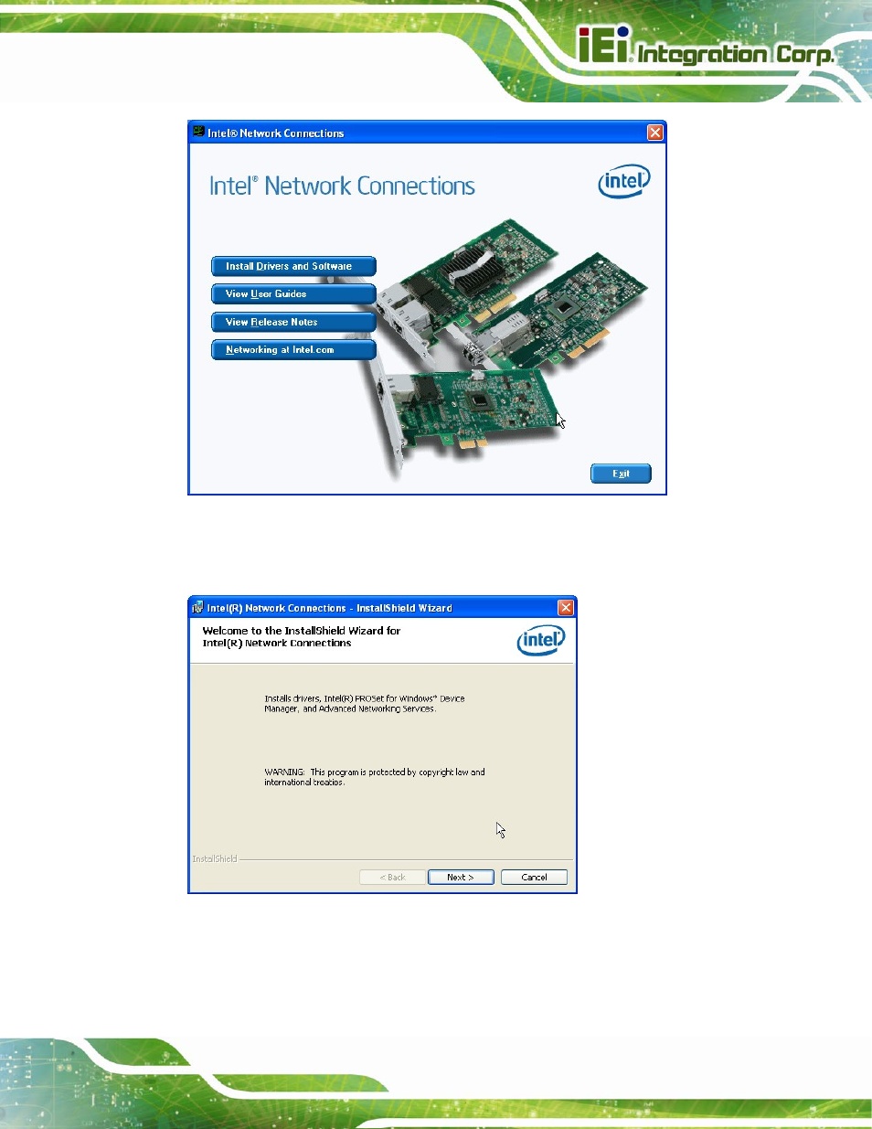 Figure 6-13: intel® network connection menu, Figure 6-14: lan driver welcome screen | IEI Integration IMB-C2060 v2.00 User Manual | Page 141 / 183