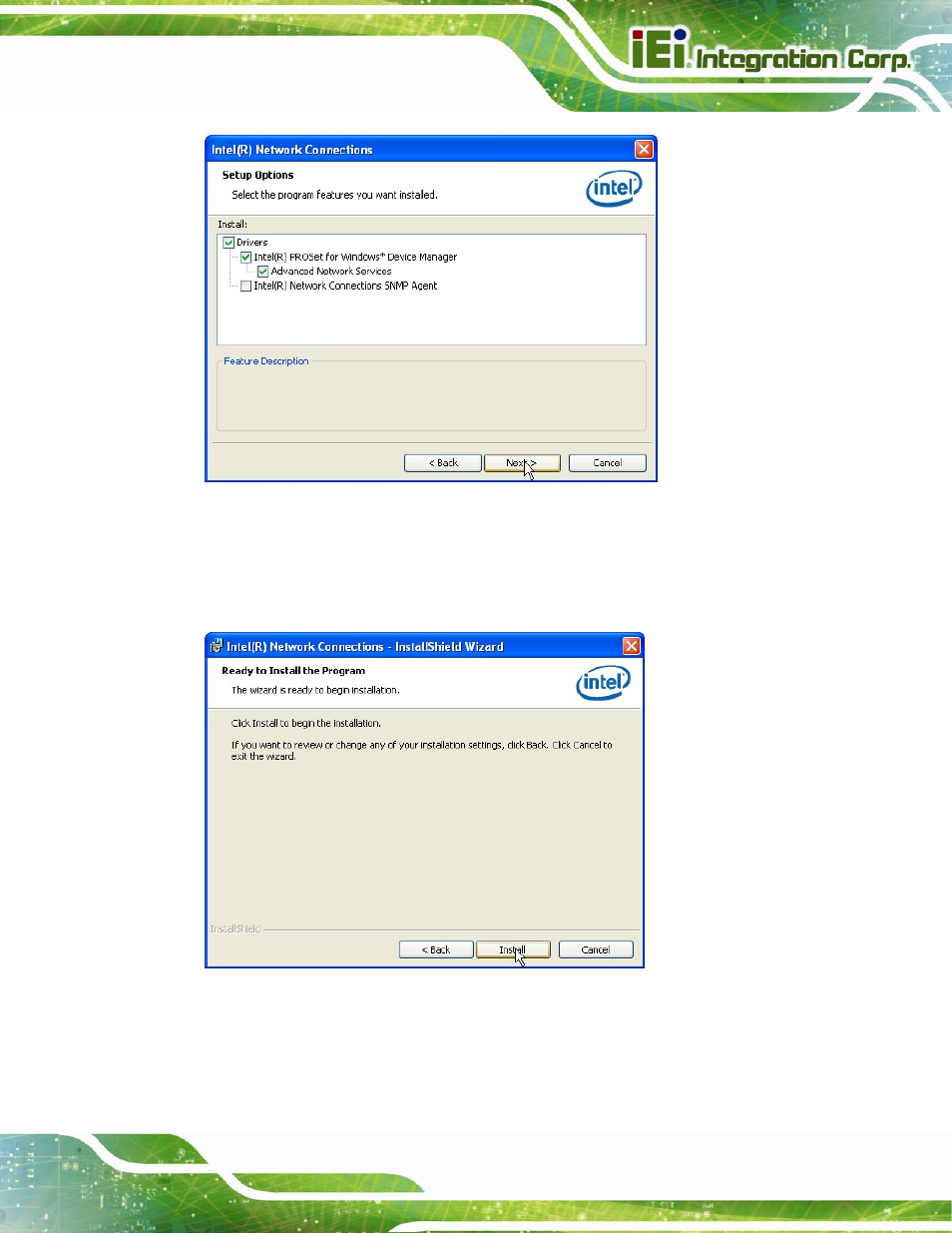 Figure 6-16: lan driver setup options, Figure 6-17: lan driver installation | IEI Integration IMB-C2060 v2.00 User Manual | Page 143 / 183