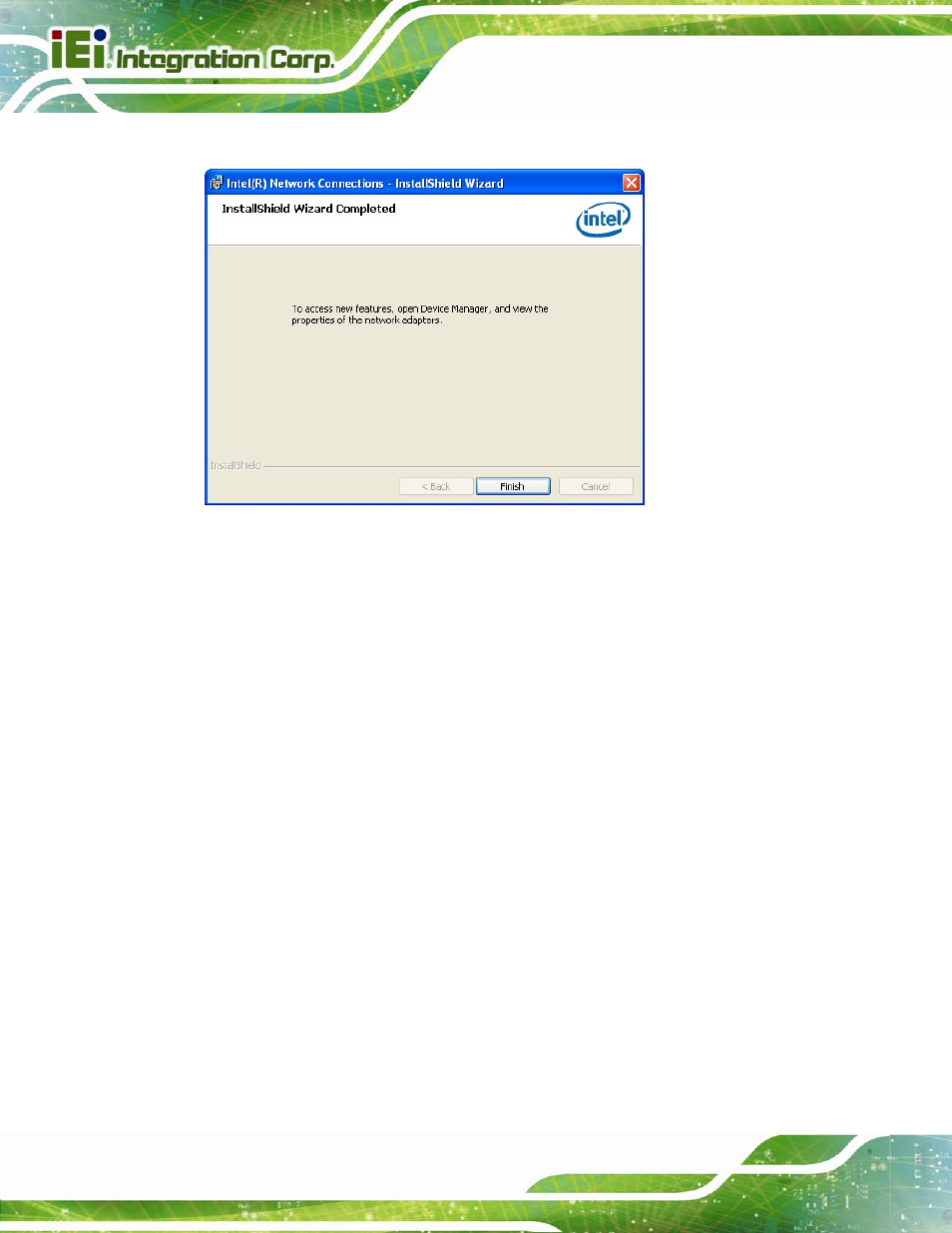 6 audio driver installation, Udio, River | Nstallation, Figure 6-18: lan driver installation complete | IEI Integration IMB-C2060 v2.00 User Manual | Page 144 / 183