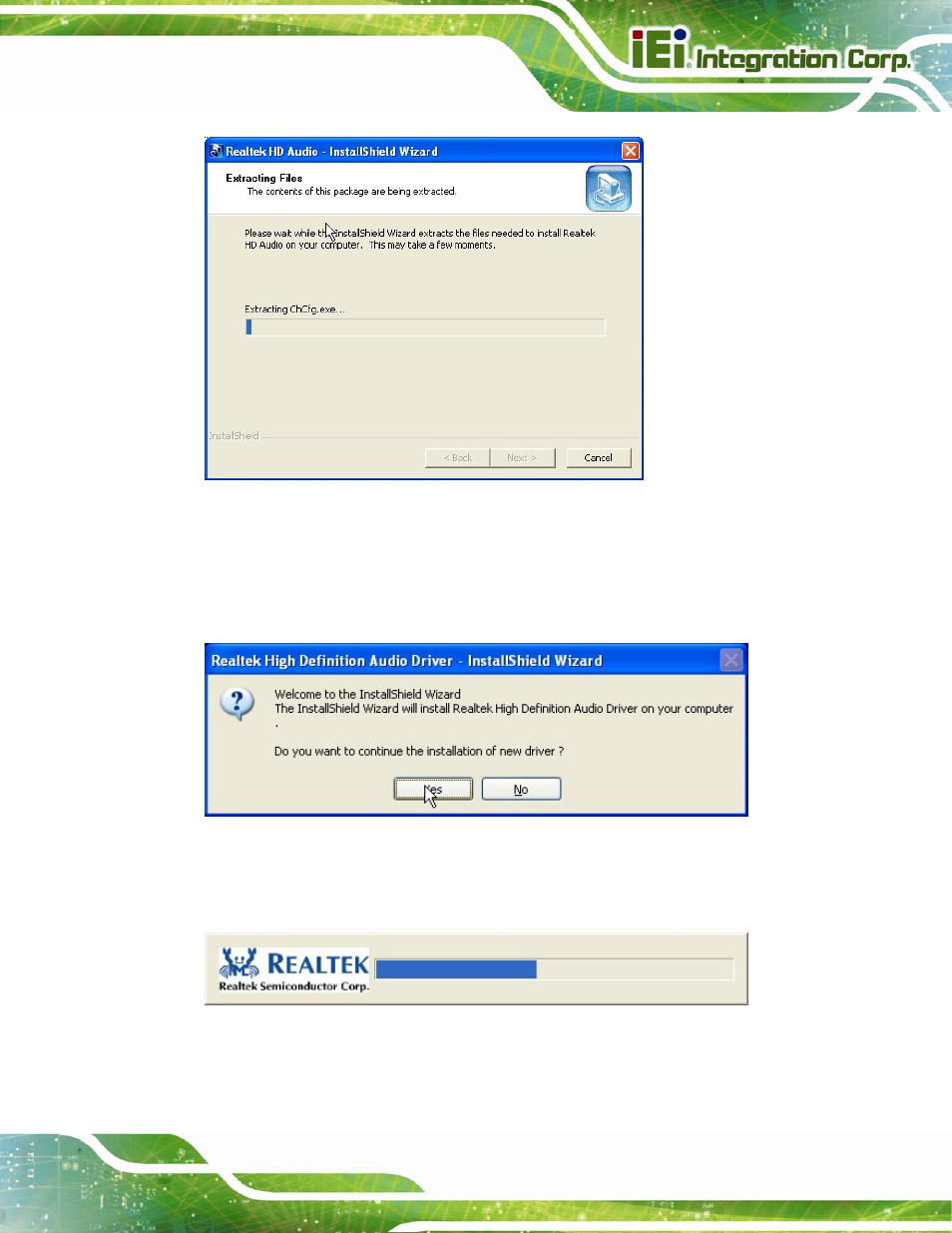 Figure 6-19: audio driver – extracting files, Figure 6-20: audio driver welcome screen, Figure 6-21: audio driver installation | IEI Integration IMB-C2060 v2.00 User Manual | Page 145 / 183