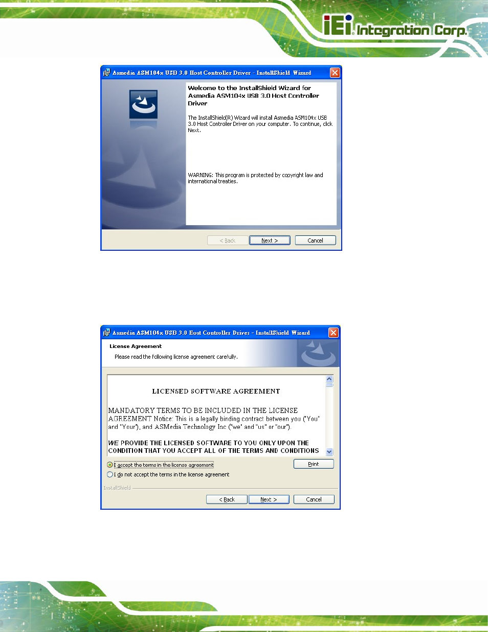 Figure 6-23: usb 3.0 driver welcome screen, Figure 6-24: usb 3.0 driver license agreement | IEI Integration IMB-C2060 v2.00 User Manual | Page 147 / 183
