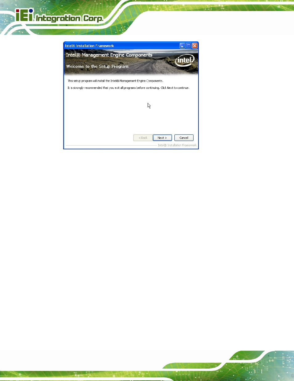 Figure 6-27: intel® me driver welcome screen | IEI Integration IMB-C2060 v2.00 User Manual | Page 150 / 183