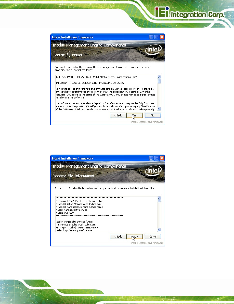 Figure 6-28: intel® me driver license agreement, Figure 6-29: intel® me driver read me file | IEI Integration IMB-C2060 v2.00 User Manual | Page 151 / 183