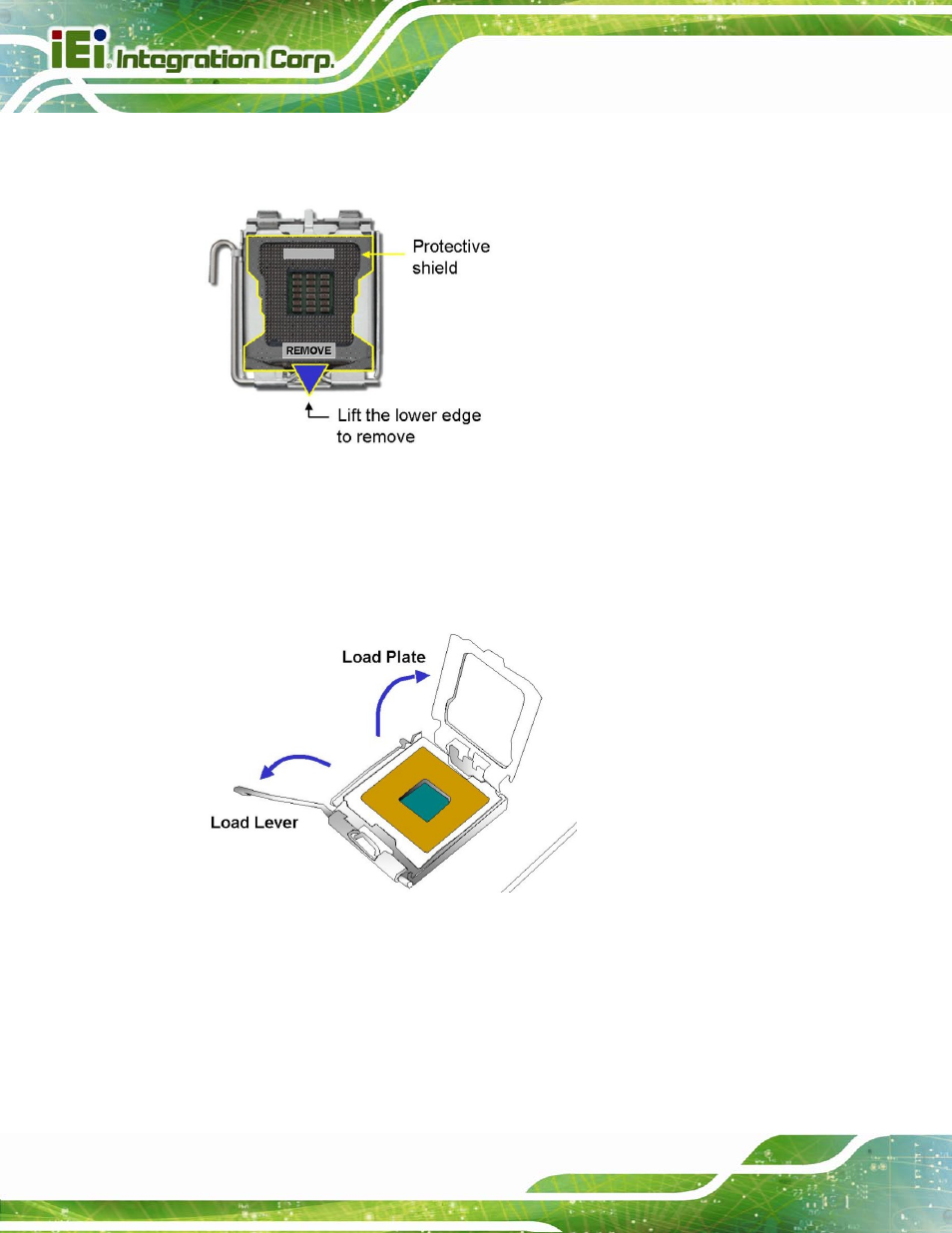 Figure 4-2: remove protective cover, Figure 4-3: cpu socket load plate | IEI Integration IMB-C2060 v2.00 User Manual | Page 64 / 183