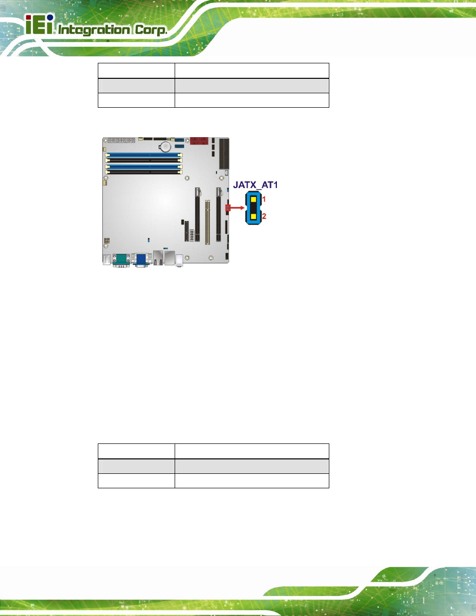 2 clear cmos jumper, Figure 4-8: at/atx power mode jumper location, Table 4-2: at/atx power mode jumper settings | Table 4-3: clear bios jumper settings | IEI Integration IMB-C2060 v2.00 User Manual | Page 70 / 183