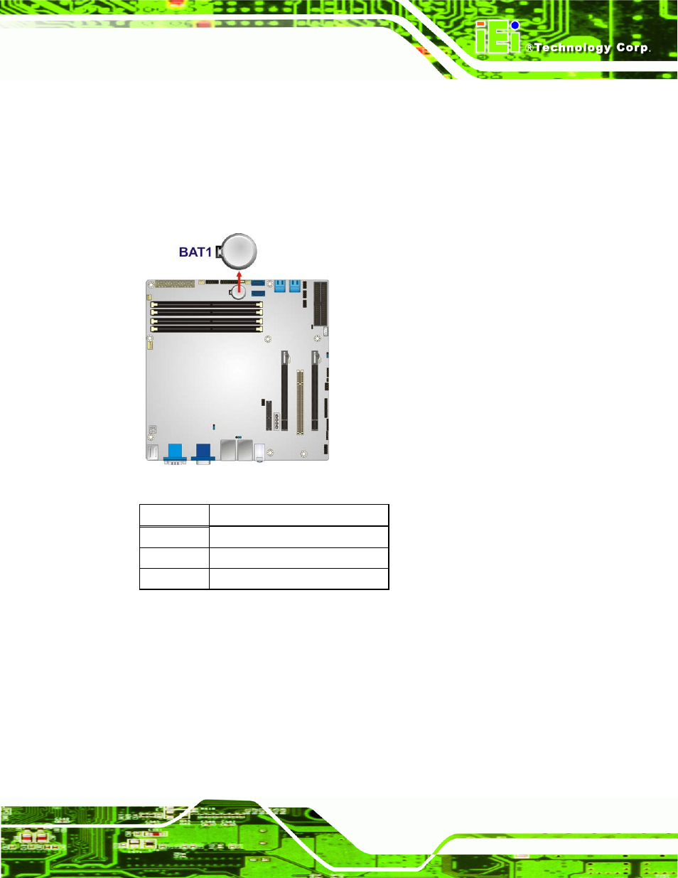 3 cpu fan connector, Figure 3-3: battery connector location, Table 3-4: battery connector pinouts | IEI Integration IMB-Q670 v1.00 User Manual | Page 31 / 148