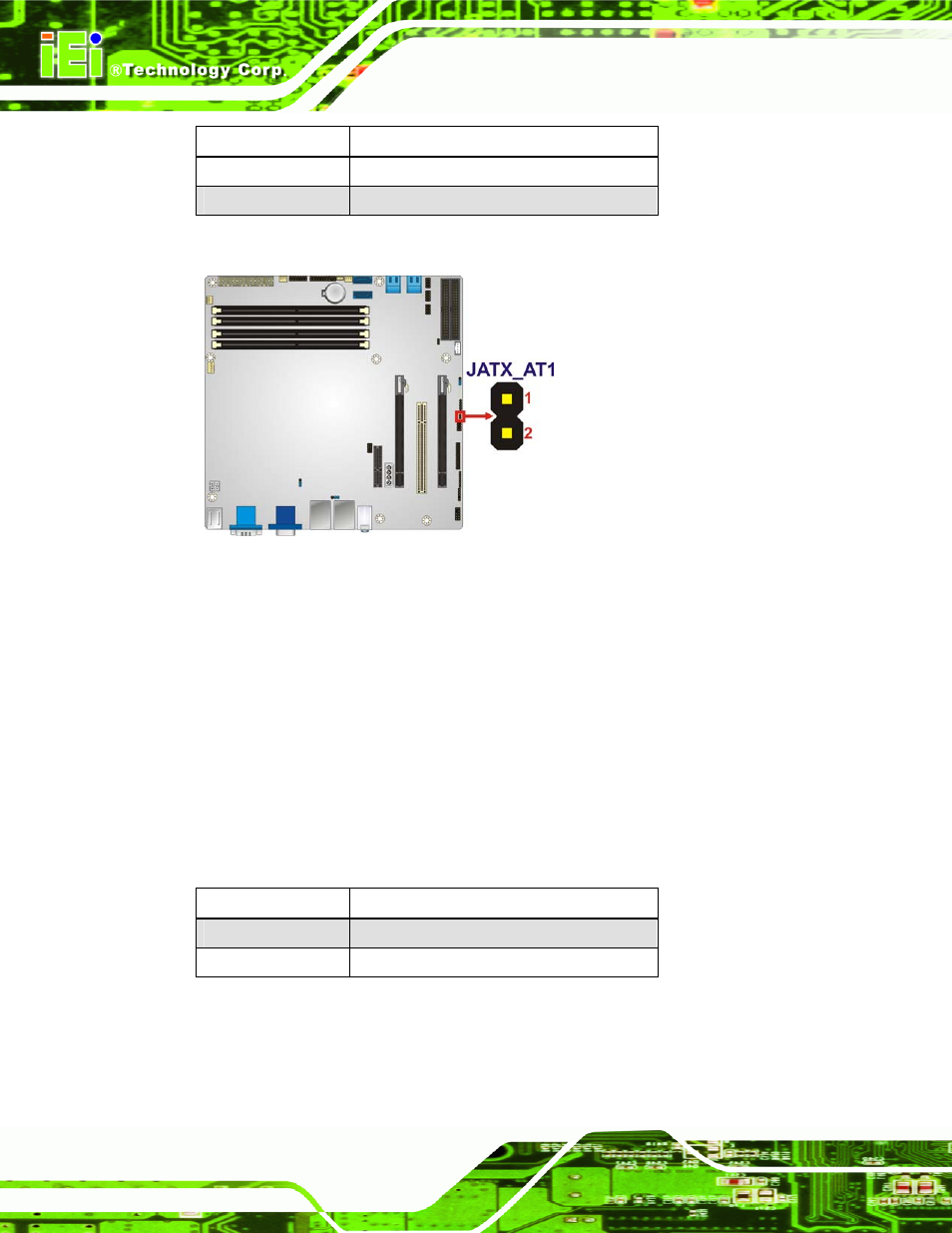 2 clear cmos jumper, Figure 4-8: at/atx power mode jumper location, Table 4-2: at/atx power mode jumper settings | Table 4-3: clear bios jumper settings | IEI Integration IMB-Q670 v1.00 User Manual | Page 68 / 148