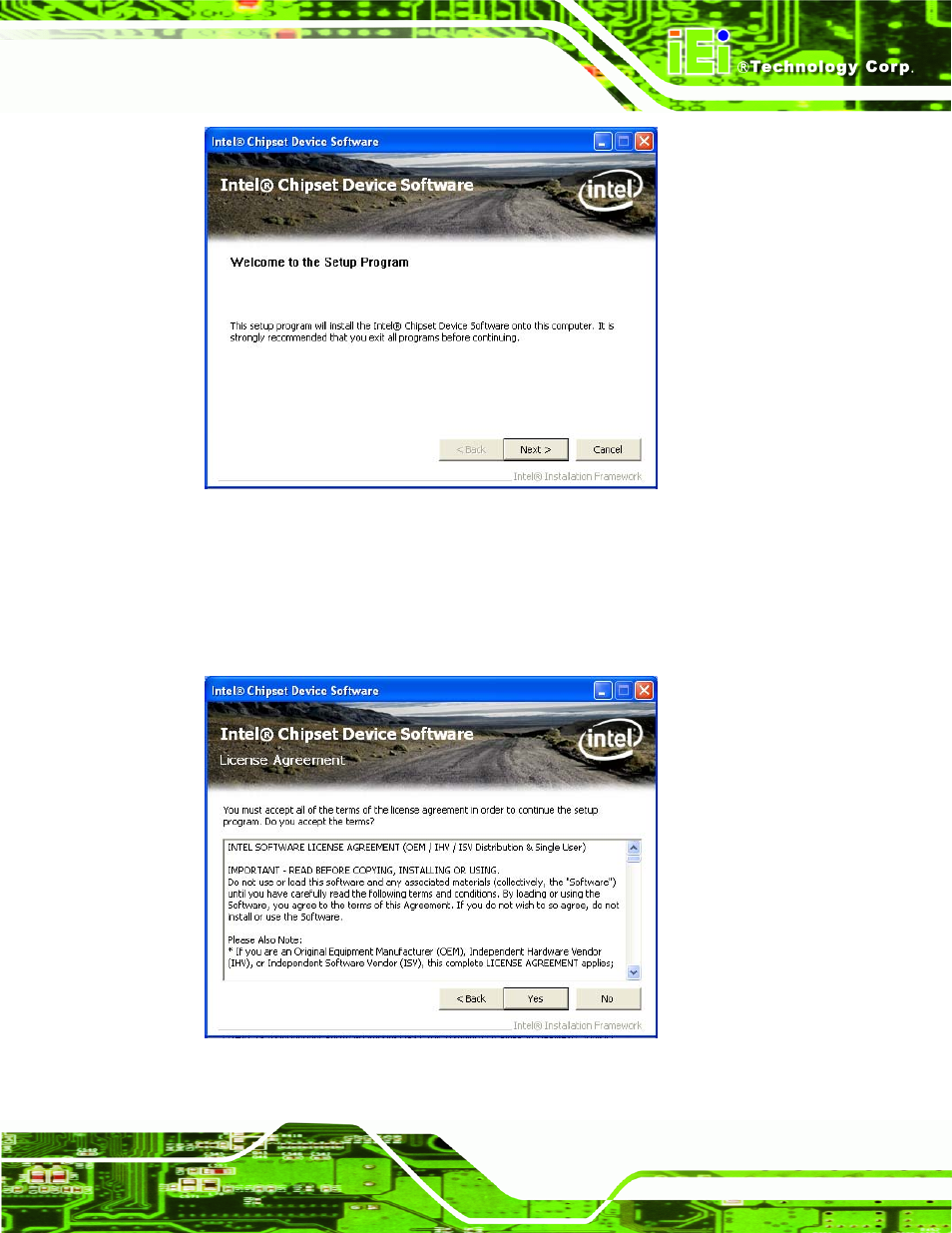 Figure 6-4: chipset driver welcome screen, Figure 6-5: chipset driver license agreement, Figure | IEI Integration IMB-Q670 v2.00 User Manual | Page 135 / 180