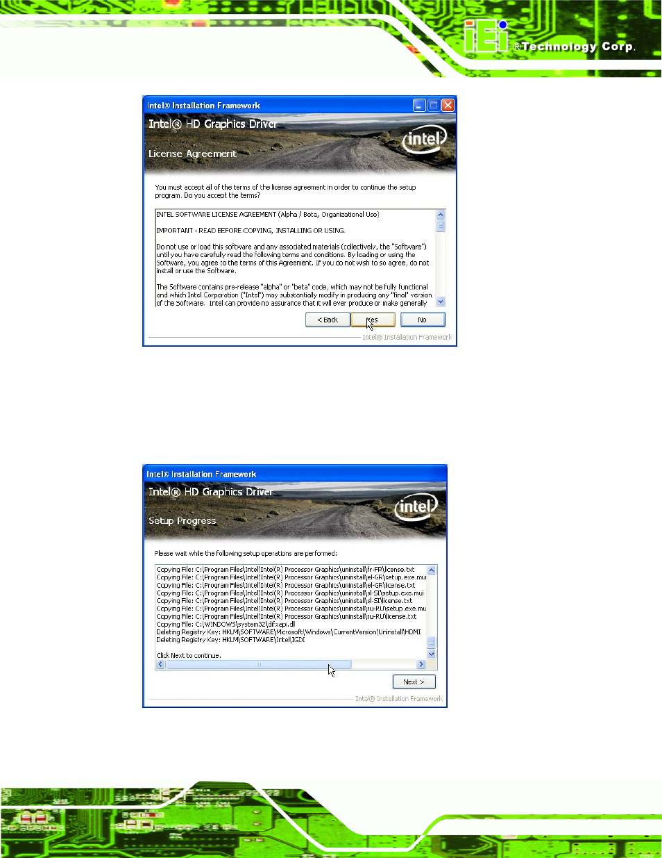 Figure 6-10: graphics driver license agreement, Figure 6-11: graphics driver setup operations | IEI Integration IMB-Q670 v2.00 User Manual | Page 139 / 180