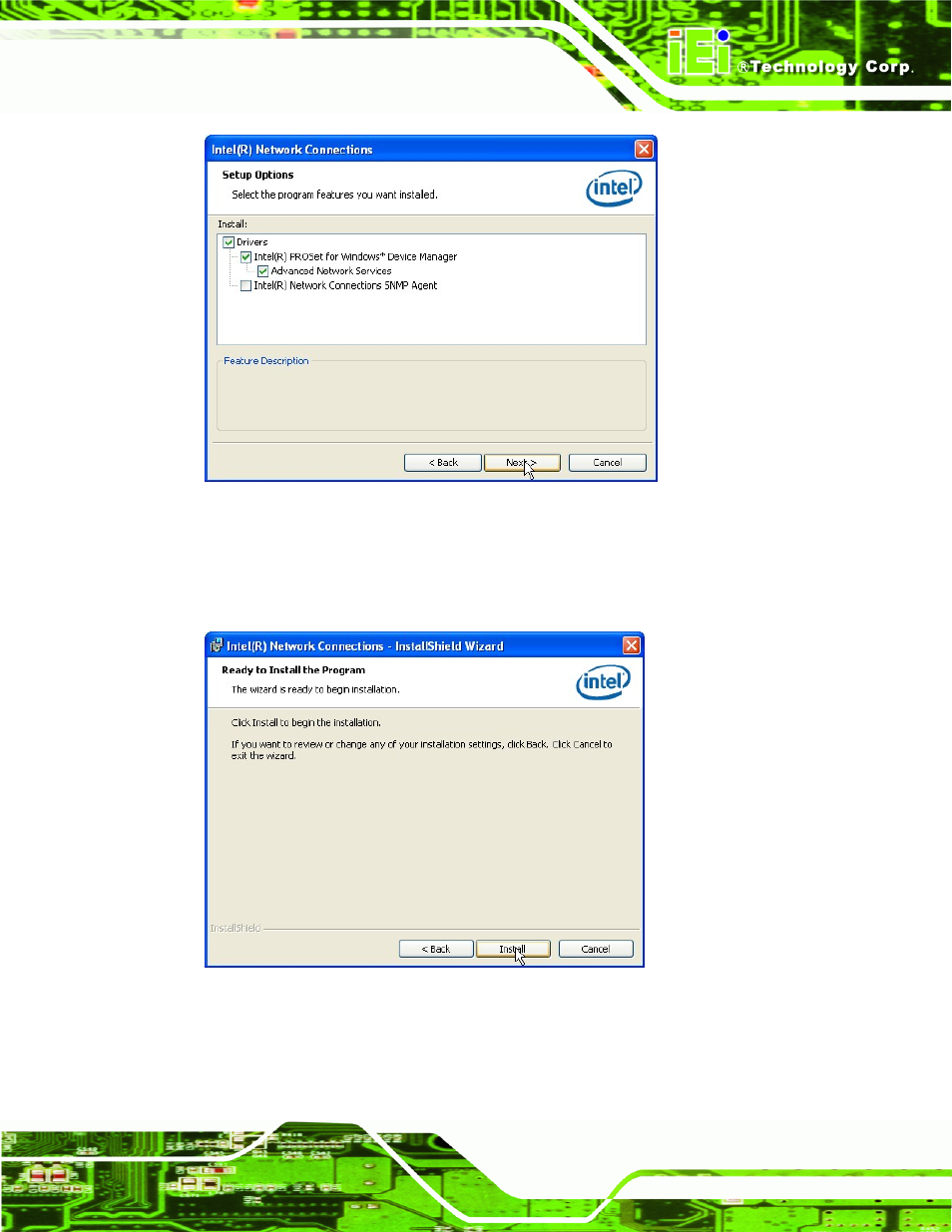 Figure 6-16: lan driver setup options, Figure 6-17: lan driver installation | IEI Integration IMB-Q670 v2.00 User Manual | Page 143 / 180