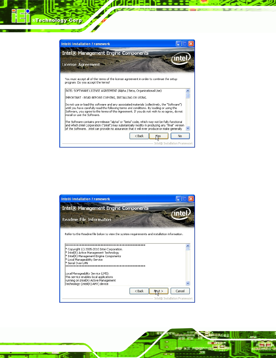 Figure 6-29: intel® me driver license agreement, Figure 6-30: intel® me driver read me file | IEI Integration IMB-Q670 v2.00 User Manual | Page 152 / 180