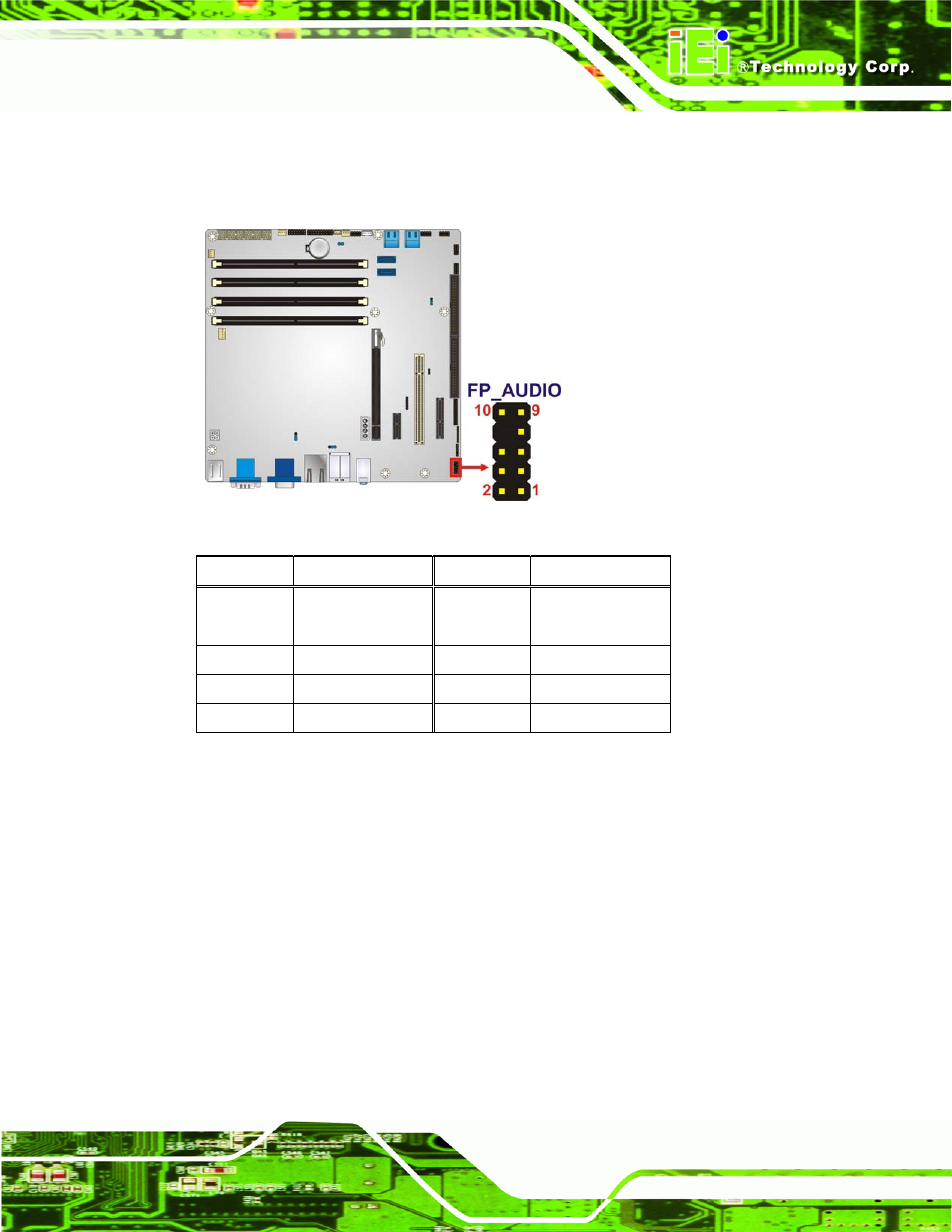 7 front panel connector, Figure 3-7: front panel audio connector location, Table 3-8: front panel audio connector pinouts | IEI Integration IMB-Q670 v2.00 User Manual | Page 37 / 180