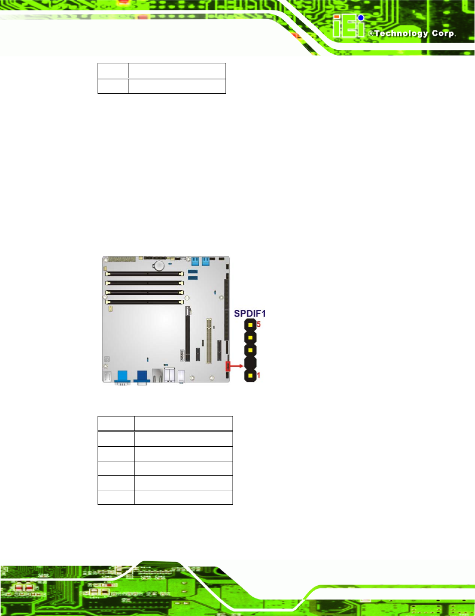 18 spdif connector, Figure 3-19: spdif connector location, Table 3-18: smbus connector pinouts | Table 3-19: spdif connector pinouts | IEI Integration IMB-Q670 v2.00 User Manual | Page 49 / 180