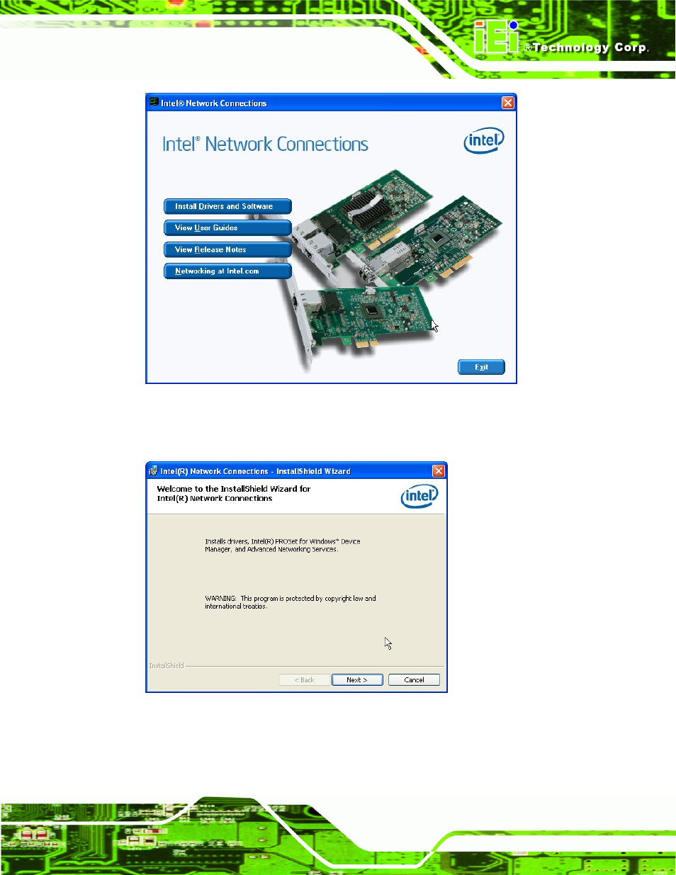 Figure 6-13: intel® network connection menu, Figure 6-14: lan driver welcome screen | IEI Integration IMB-Q670 v1.03 User Manual | Page 141 / 180