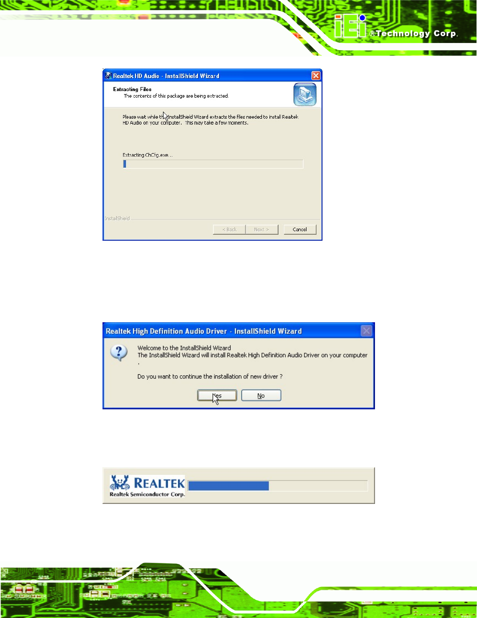 Figure 6-19: audio driver – extracting files, Figure 6-20: audio driver welcome screen, Figure 6-21: audio driver installation | IEI Integration IMB-Q670 v1.03 User Manual | Page 145 / 180