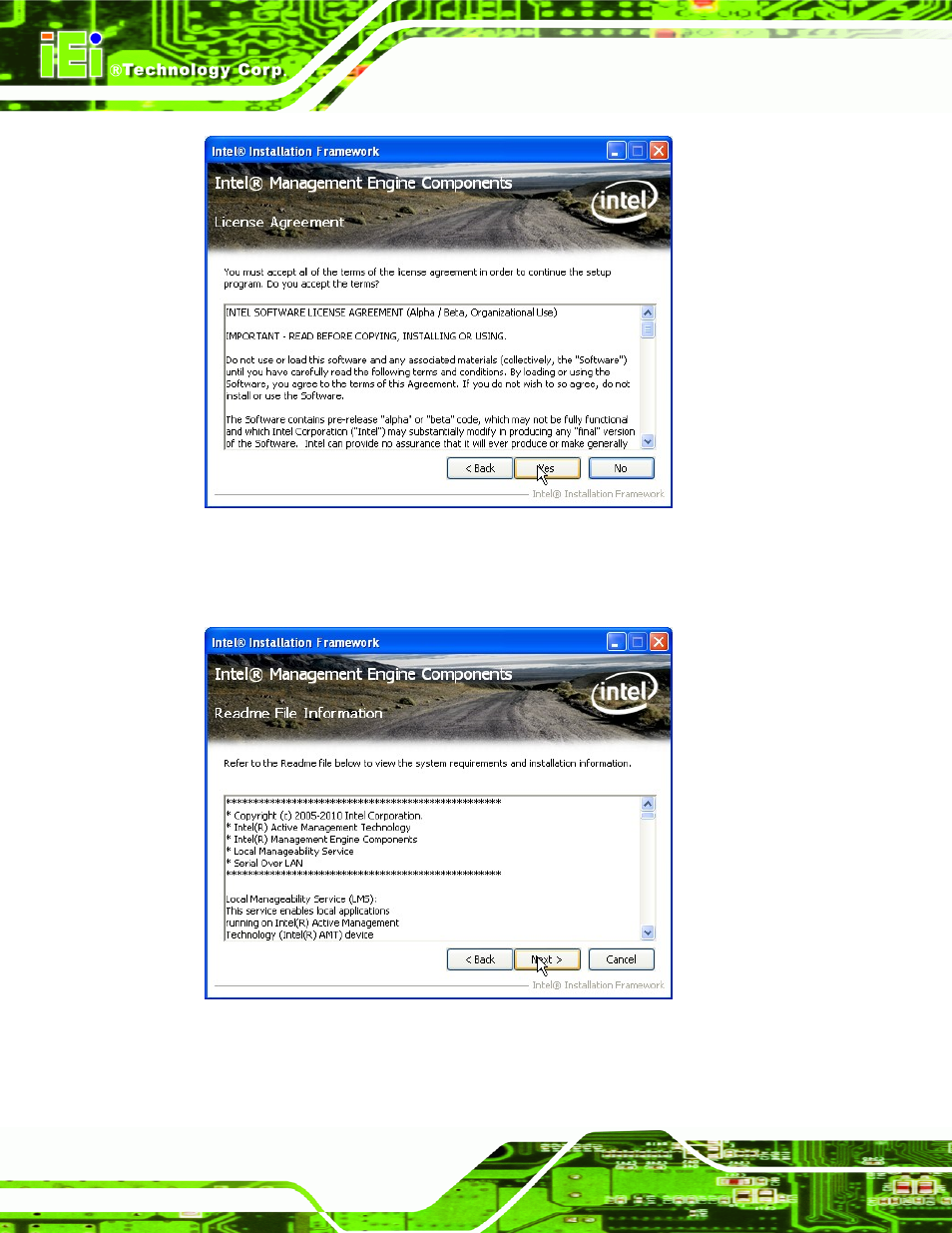 Figure 6-29: intel® me driver license agreement, Figure 6-30: intel® me driver read me file, Figure 6-29 | IEI Integration IMB-Q670 v1.03 User Manual | Page 152 / 180