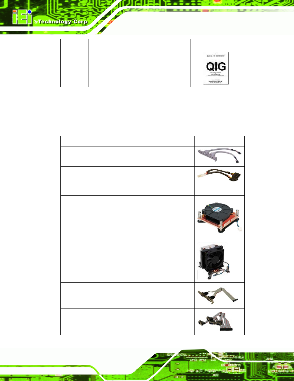 4 optional items, Ptional, Tems | Table 2-1: packing list | IEI Integration IMB-Q670 v1.03 User Manual | Page 26 / 180