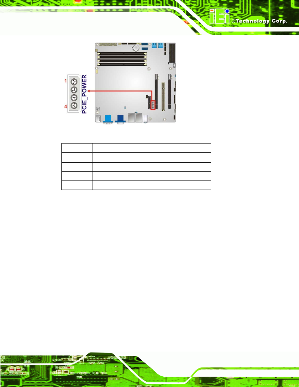13 sata 3gb/s drive connector, Figure 3-13: pcie power location, Table 3-13: pcie power pinouts | IEI Integration IMB-Q670 v1.03 User Manual | Page 43 / 180