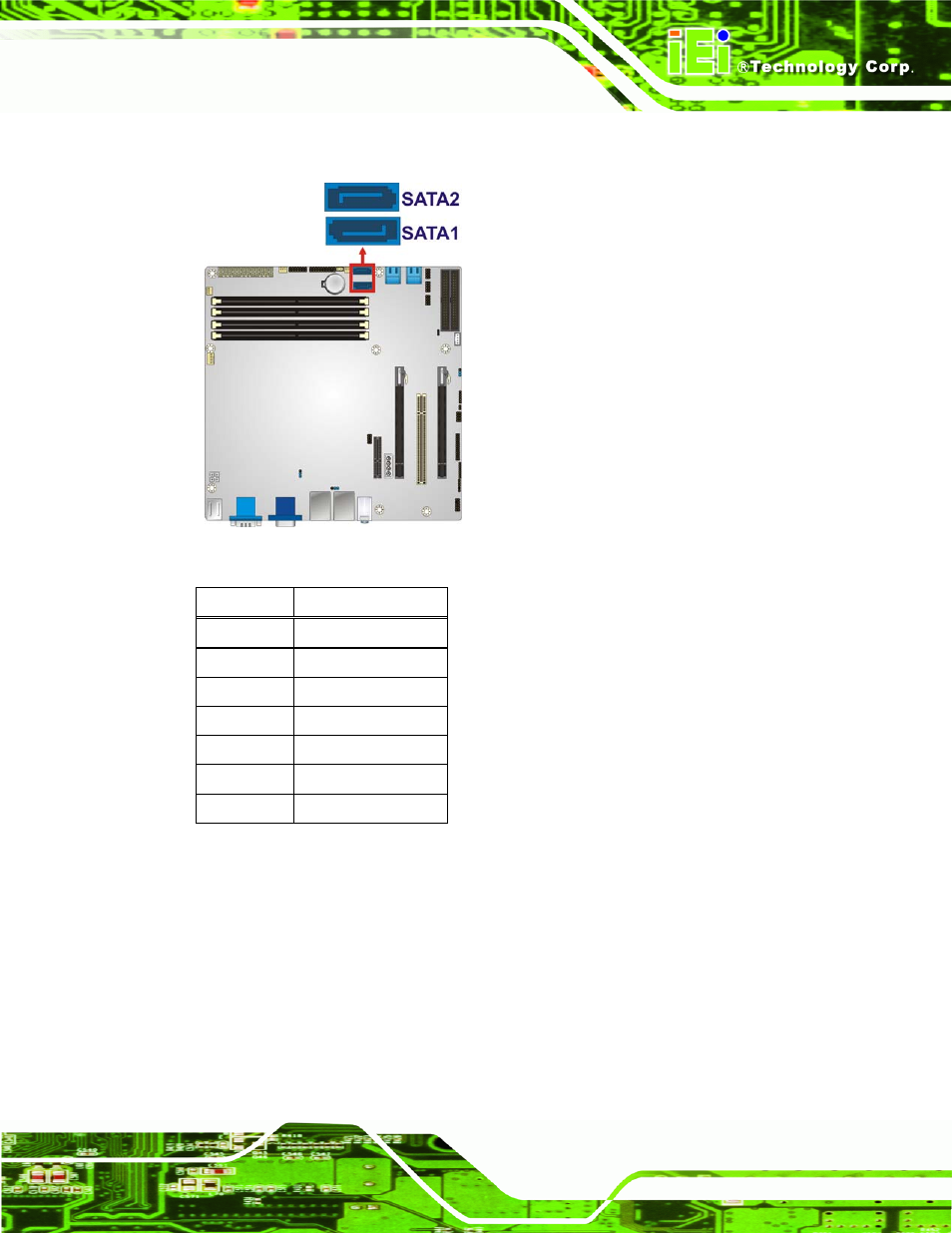 15 serial port connector, rs-422/485, Figure 3-15: sata 6gb/s drive connector location, Table 3-15: sata 6gb/s drive connector pinouts | IEI Integration IMB-Q670 v1.03 User Manual | Page 45 / 180